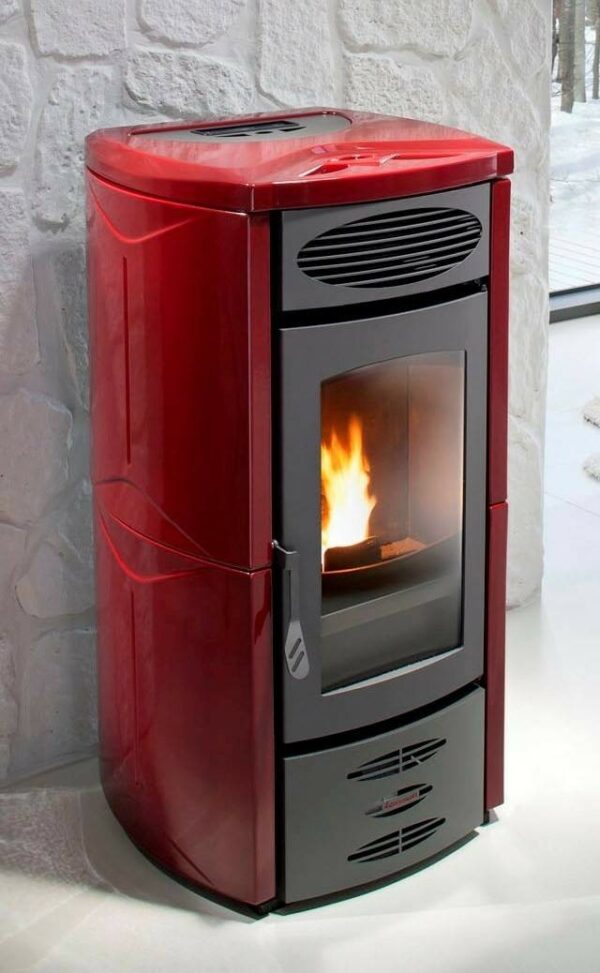 STUFA A PELLET mod. LADY 10 KW con rivestimento TOTALE in MAIOLICA di colore ROSSO - MADE IN ITALY