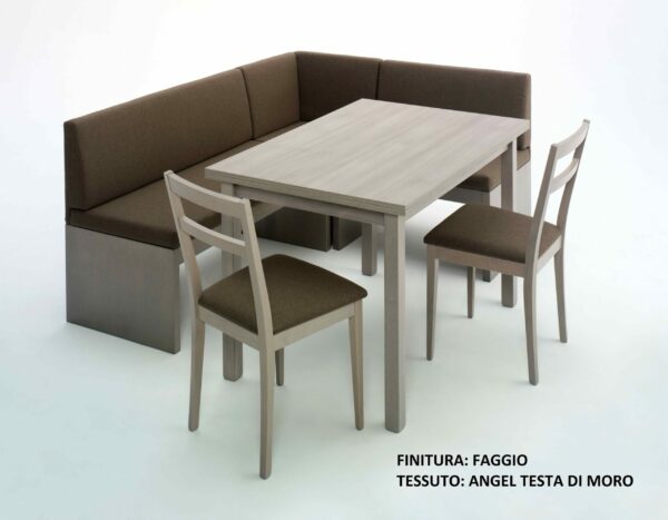 PANCA mod.BIBIONE ANGOLARE CON TAVOLO E DUE SEDIE, IN LEGNO finitura FAGGIO NATURALE