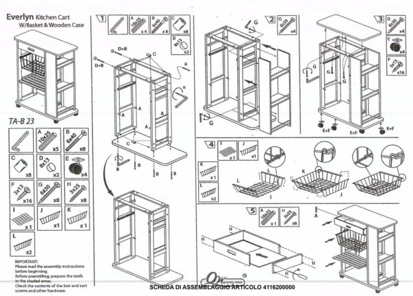 Carrello da cucina in Legno 2 piani + 1 cestello + 1 cassetto