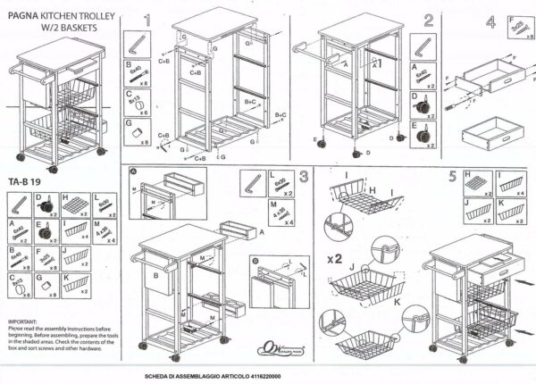 Carrello cucina in legno 1 piano + 2 cassetti metallo + 1 cassetto