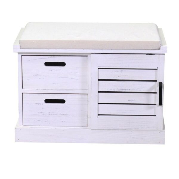 Panca puof legno 1 vano + 2 cassetti con cuscino bianco