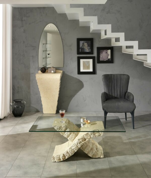 Xenon – Tavolino con base in pietra e top in vetro – STONES