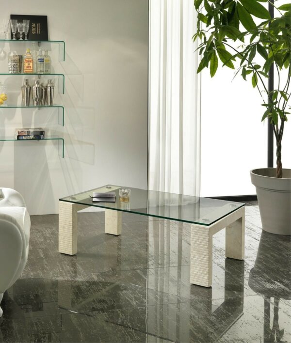 Millerighe – Tavolino con base in pietra e top in vetro – STONES