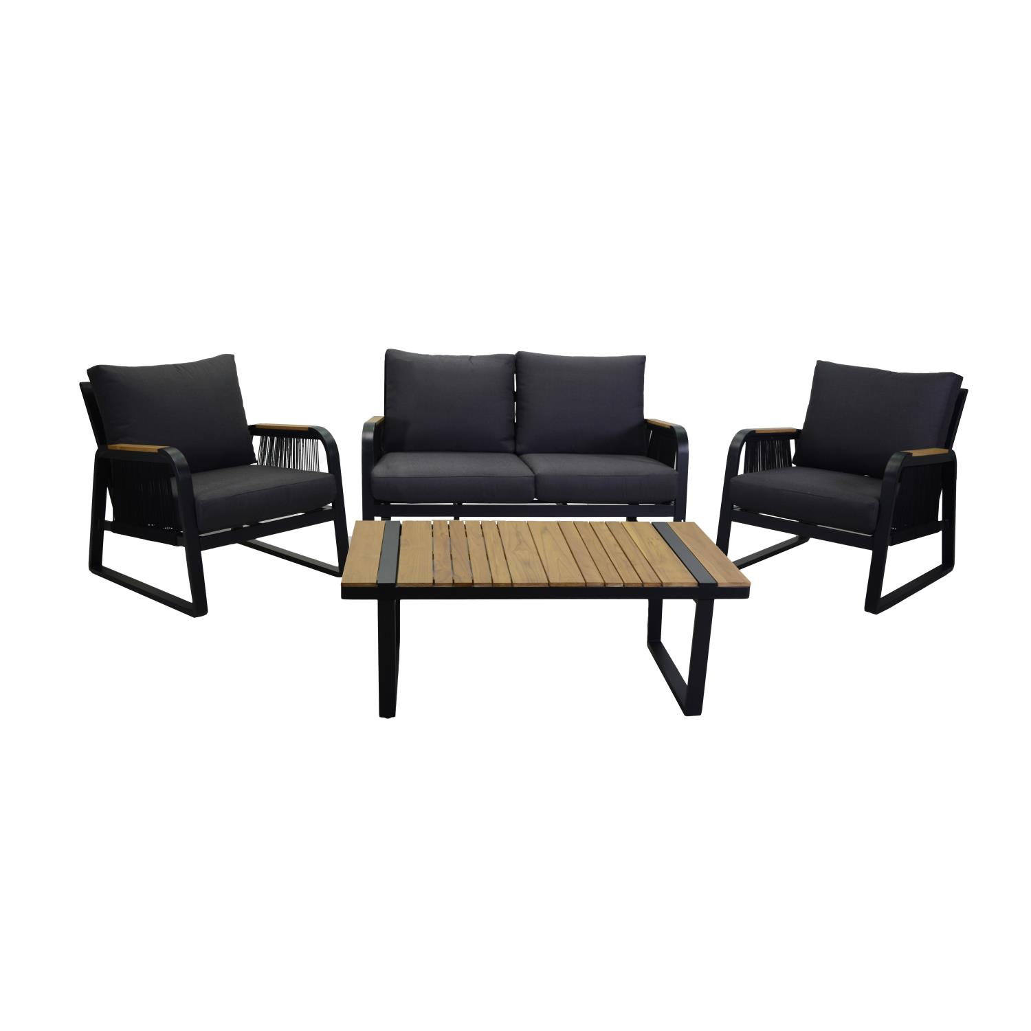 Salotto alluminio Idaho corda 2p antracite con cuscini grigio + top legno
