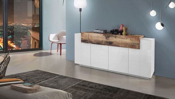 Credenza Coro Moderna 4 ante – Bianco Lucido e Acero Pereira
