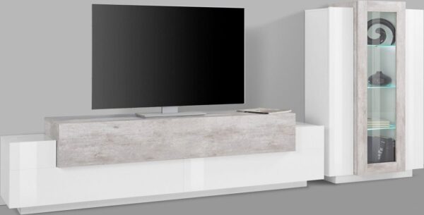 Set Soggiorno Coro 200 – Mobile + Vetrina – Bianco e Cemento