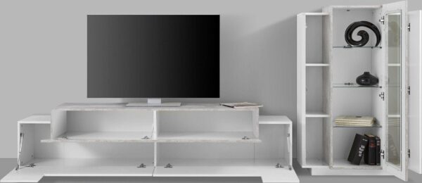 Set Soggiorno Coro 200 – Mobile + Vetrina – Bianco e Cemento