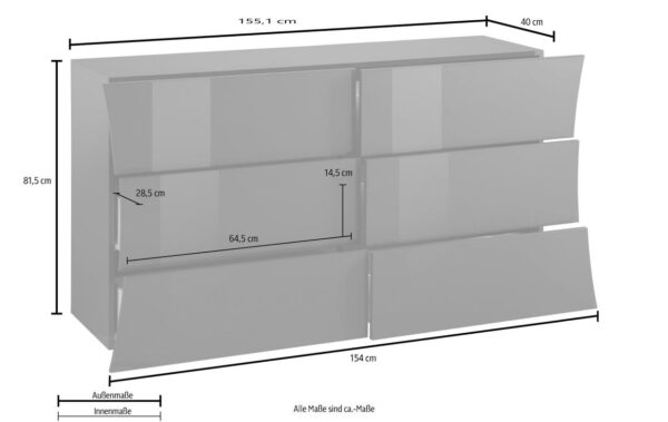 Cassettiera Arco 150 – 6 cassetti – 155x81x40 – Bianco Lucido
