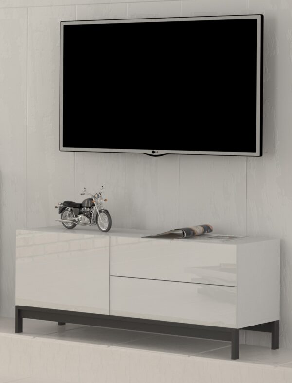 Mobile Porta TV Metis 110 con piedistallo in metallo nero – 1 anta + 2 cassetti – Bianco Lucido