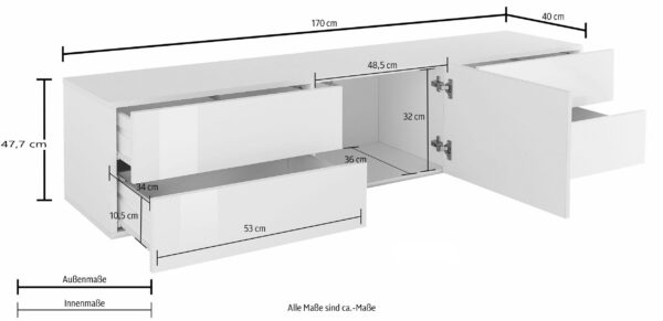 Mobile Porta TV Metis 170 con piedistallo in metallo nero – 1 anta + 4 cassetti – Bianco Lucido