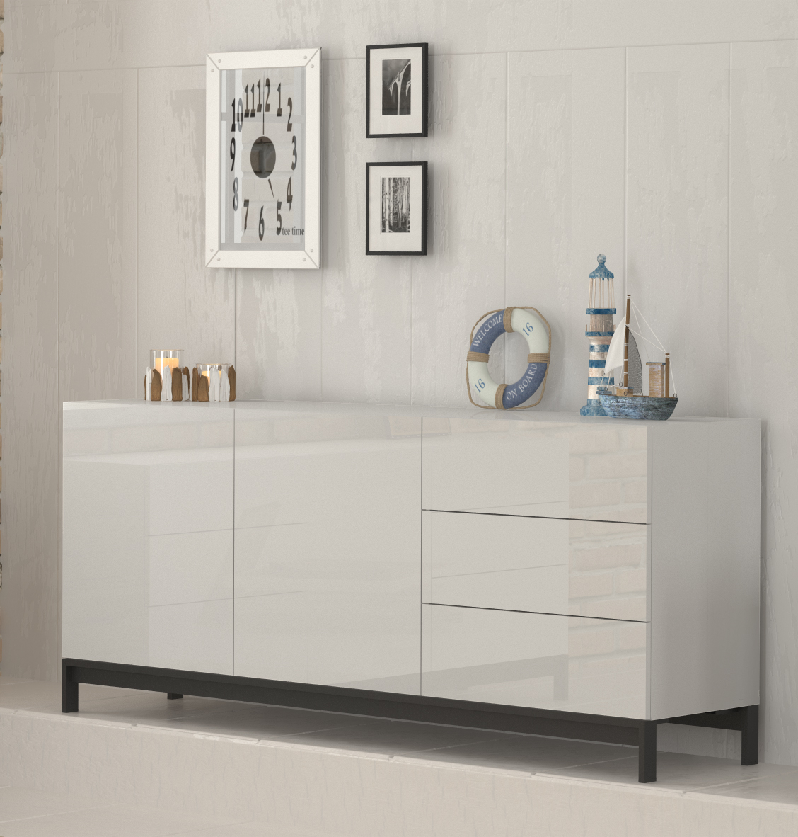 Credenza Metis 170 con piedistallo – 2 anta + 3 cassetti – Bianco Lucido