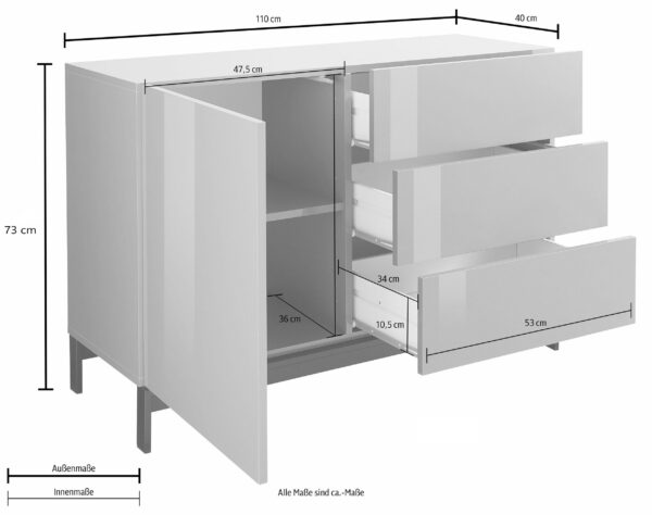 Credenza Metis 110 con piedistallo – 1 anta + 3 cassetti – Bianco Lucido