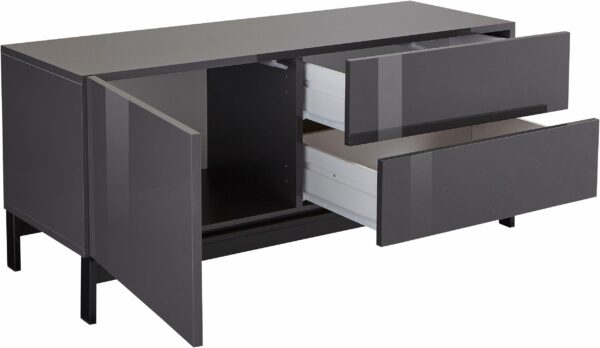 Mobile Porta TV Metis 110 con piedistallo in metallo nero – 1 anta + 2 cassetti – Bianco Lucido