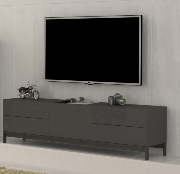 Mobile Porta TV Metis 170 con piedistallo in metallo nero – 1 anta + 4 cassetti – Antracite Lucido