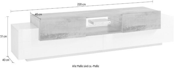 Porta TV New Coro 220 – 2+2 ante con ripiano in vetro – Bianco Lucido/Acero Pereira