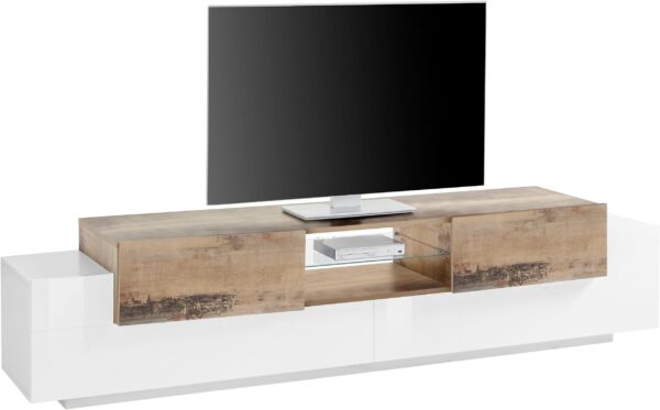 Porta TV New Coro 220 – 2+2 ante con ripiano in vetro – Bianco Lucido/Acero Pereira