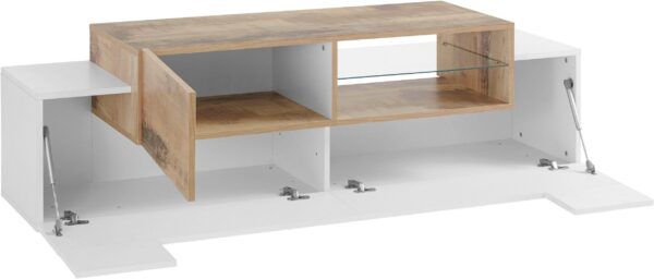 Porta TV New Coro 160 – 2+1 ante con ripiano in vetro – Bianco Lucido/Acero Pereira