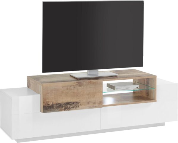Porta TV New Coro 160 – 2+1 ante con ripiano in vetro – Bianco Lucido/Acero Pereira