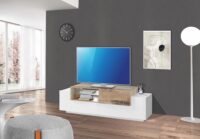 Porta TV New Coro 160 – 2+1 ante con ripiano in vetro – Bianco Lucido/Acero Pereira