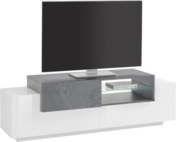 Porta TV New Coro 160 – 2+1 ante con ripiano in vetro – Bianco Lucido/Ardesia