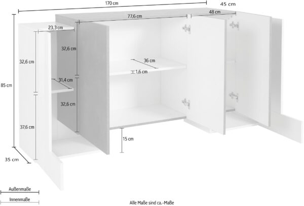 Credenza Pillon 170 – 2 ante + 3 ante – Bianco Lucido/Acero Pereira