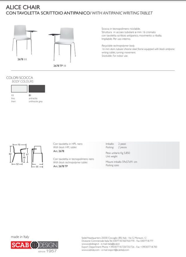 SET 2 SEDIA ALICE con tavoletta scrittoio antipanico MADE IN ITALY SCAB DESIGN