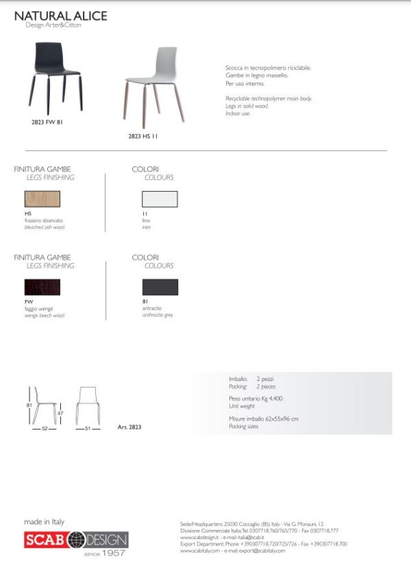 SET DUE SEDIE NATURAL ALICE TECNOPOLIMERO MADE IN ITALY SCAB DESIGN