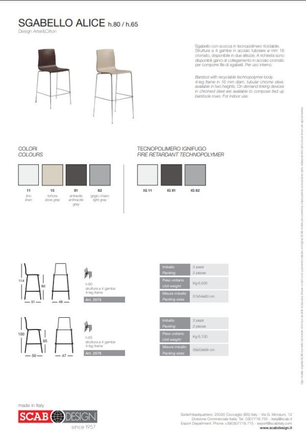 SET DUE SGABELLI ALICE HT 80CM TECNOPOLIMERO SCAB DESIGN