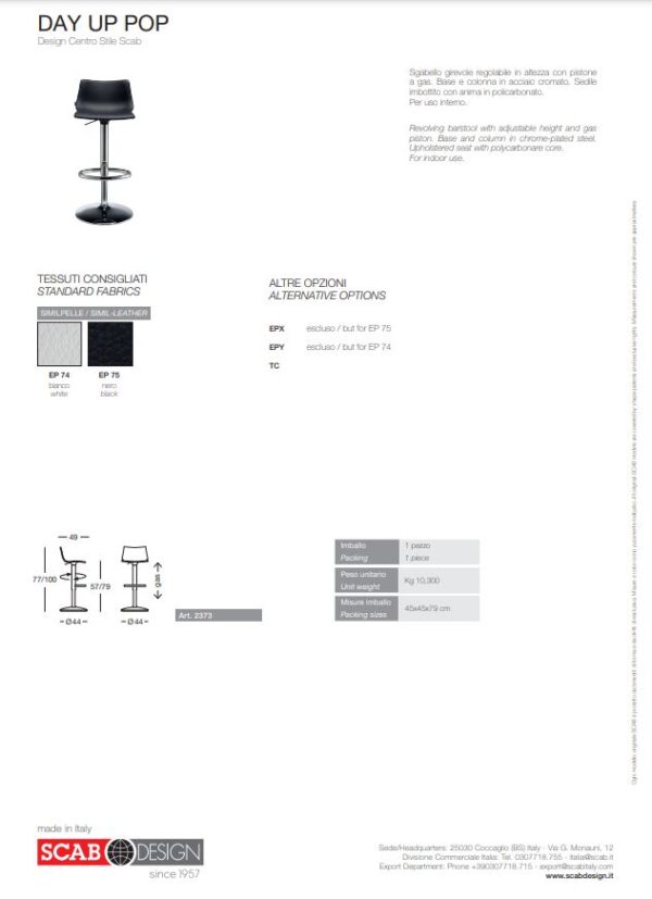 SGABELLO DAY UP POP CON SEDILE IMBOTTITO MADE IN ITALY SCAB DESIGN