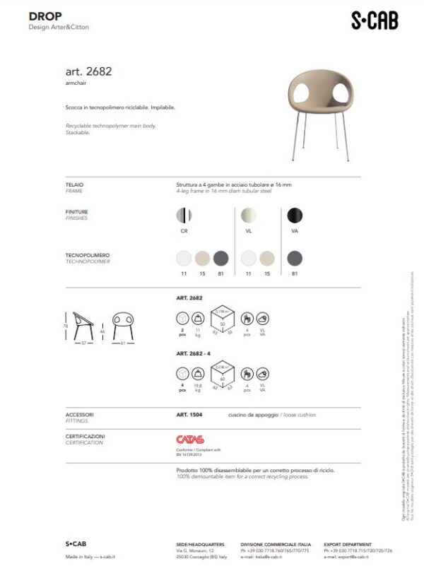 SET 2 SEDIE DROP TECNOPOLIMERO MADE IN ITALY SCAB DESIGN