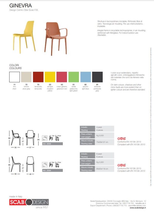 SET 4 SEDIE GINEVRA TECNOPOLIMERO CON BRACCIOLI SCAB DESIGN