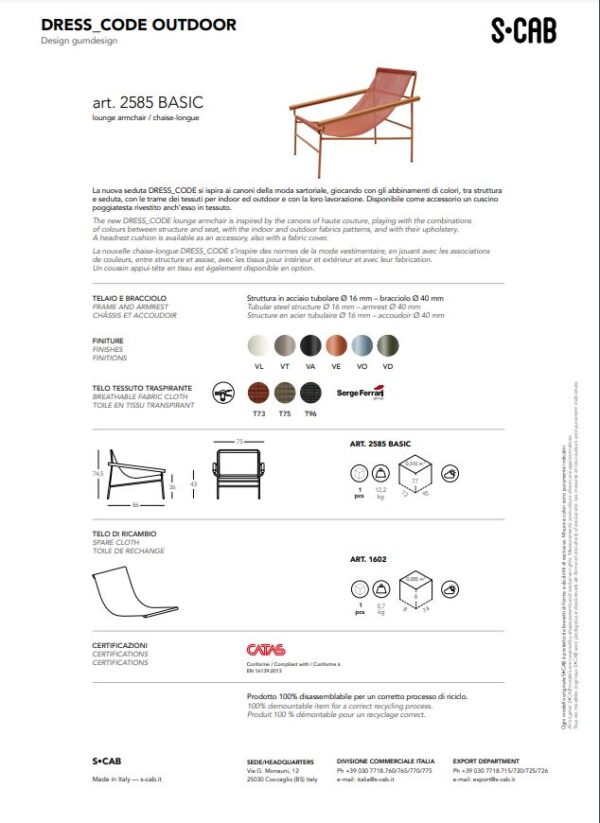 SEDUTA DRESS CODE BASIC PER OUTDOOR MADE IN ITALY SCAB DESIGN