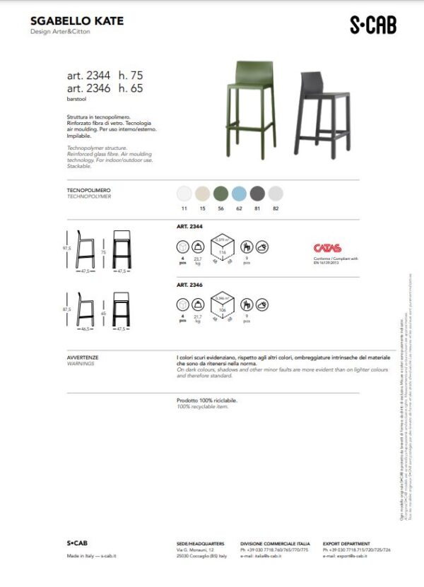 SET 4 SGABELLI KATE TECNOPOLIMERO HT 75CM MADE IN ITALY SCAB DESIGN