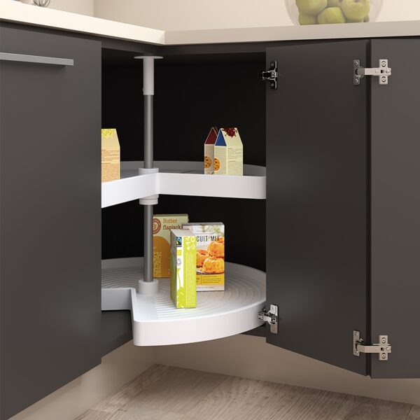 Coppia di cestelli girevole Shelvo 3/4, 800, Plastica bianca, Tecnoplastica e Alluminio.