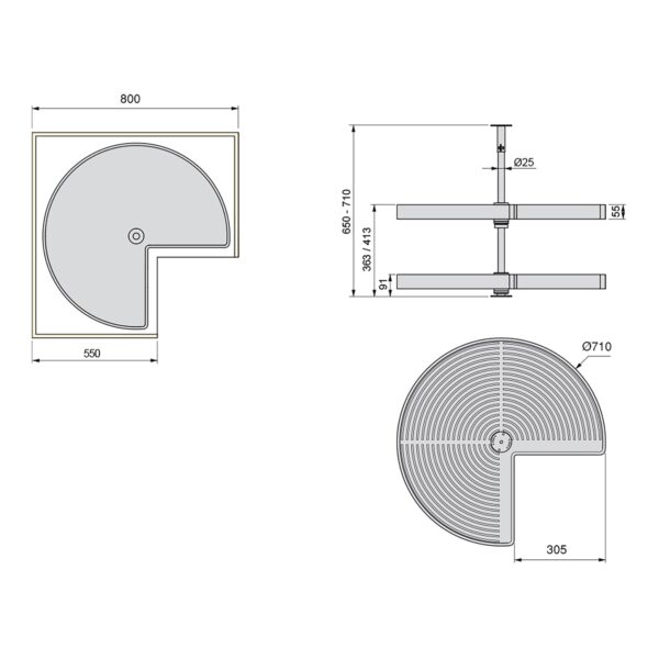 Coppia di cestelli girevole Shelvo 3/4, 800, Plastica grigia, Tecnoplastica e Alluminio.
