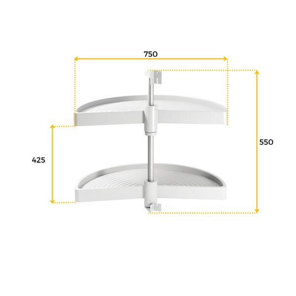 Coppia di cestelli girevoli Shelvo semicircolare, 900, Plastica bianca, Tecnoplastica e Alluminio.