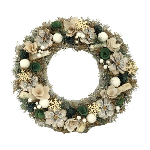 Coroncina con pigne e fiori bianco verde cm ø45h8,5