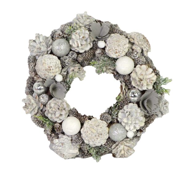 Coroncina con pigne glitter argento cm ø45