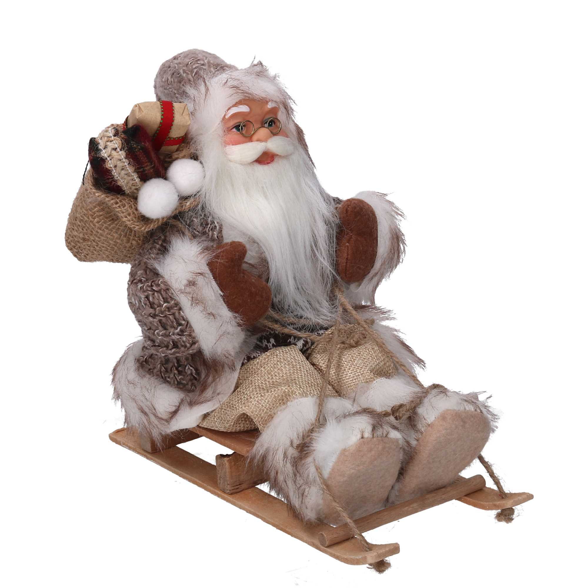 Babbo natale tessuto su slitta marrone cmh30