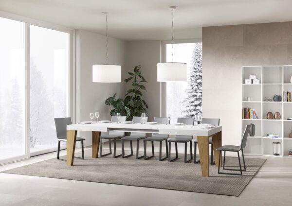 Tavolo allungabile 90x160/420 cm Naxy Mix piano Bianco Frassino - gambe Noce