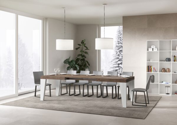 Tavolo allungabile 90x160/420 cm Naxy Mix piano Bianco Frassino - gambe Noce