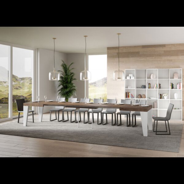 Tavolo allungabile 90x160/420 cm Naxy Mix piano Bianco Frassino - gambe Noce