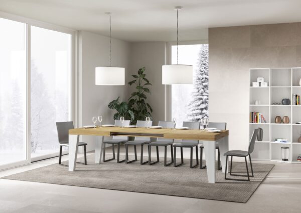 Tavolo allungabile 90x180/440 cm Naxy Mix piano Bianco Frassino - gambe Noce
