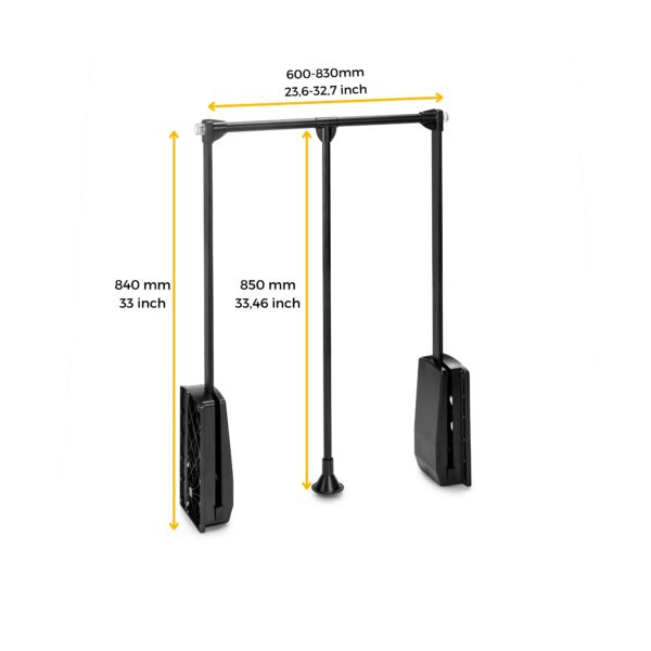 Appendiabiti per armadio Hang, 600 - 830, Verniciato nero, Acciaio e Tecnoplastica.