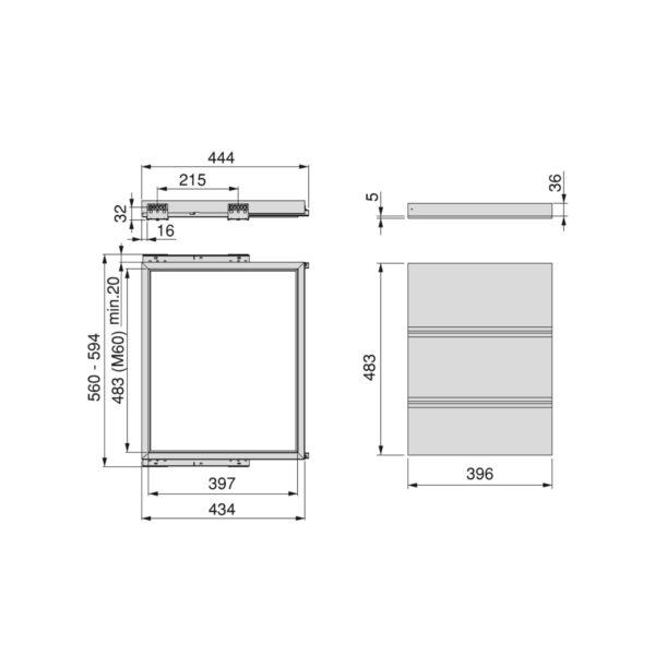 Kit vassoio e telaio con guide a chiusura morbida per armadio, regolabile, modulo 600mm, Grigio pietra