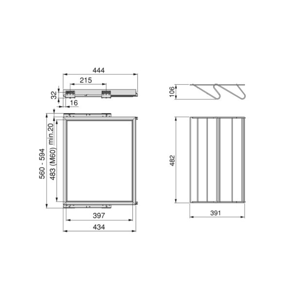 Kit cassetto portascarpe e telaio con guide a chiusura morbida per armadio, regolabile, modulo 600mm, Grigio pietra