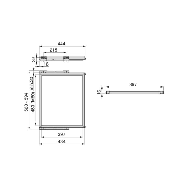 Kit 7 aste per pantaloni e telaio con guide a chiusura morbida per armadio, regolabile, modulo 600mm, Grigio pietra