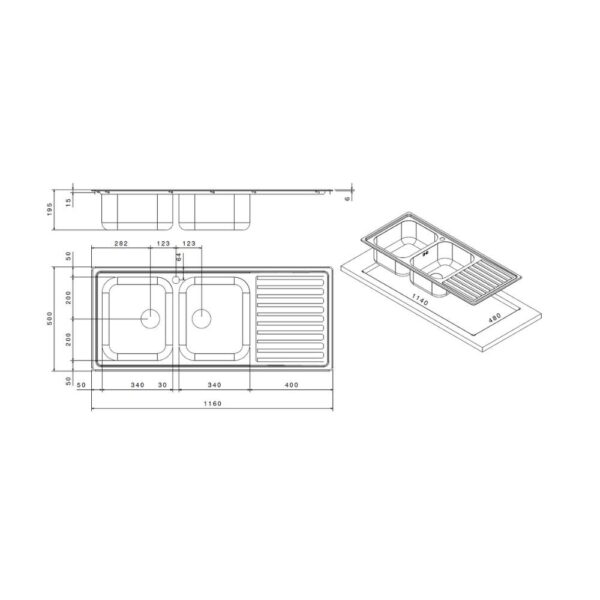 Lavello SAXT333A 2 vasche 116x50 cm gocciolatoio destro
