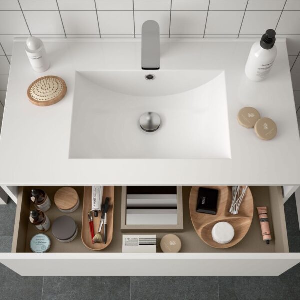 Mobile bagno sospeso Claros100 bianco laccato lucido con lavabo 2 cassetti 100x45x56h
