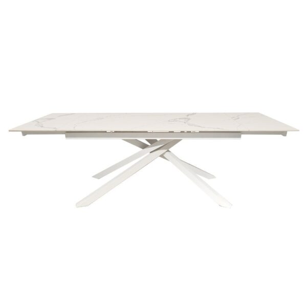 Tavolo allungabile Nefti con top in ceramica colore bianco statuario lucido con gambe bianche